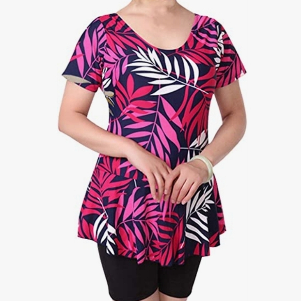 Knaspor Modest Swimsuit w/Attached Shorts Rose Red Floral Leaf Print Size 12-14